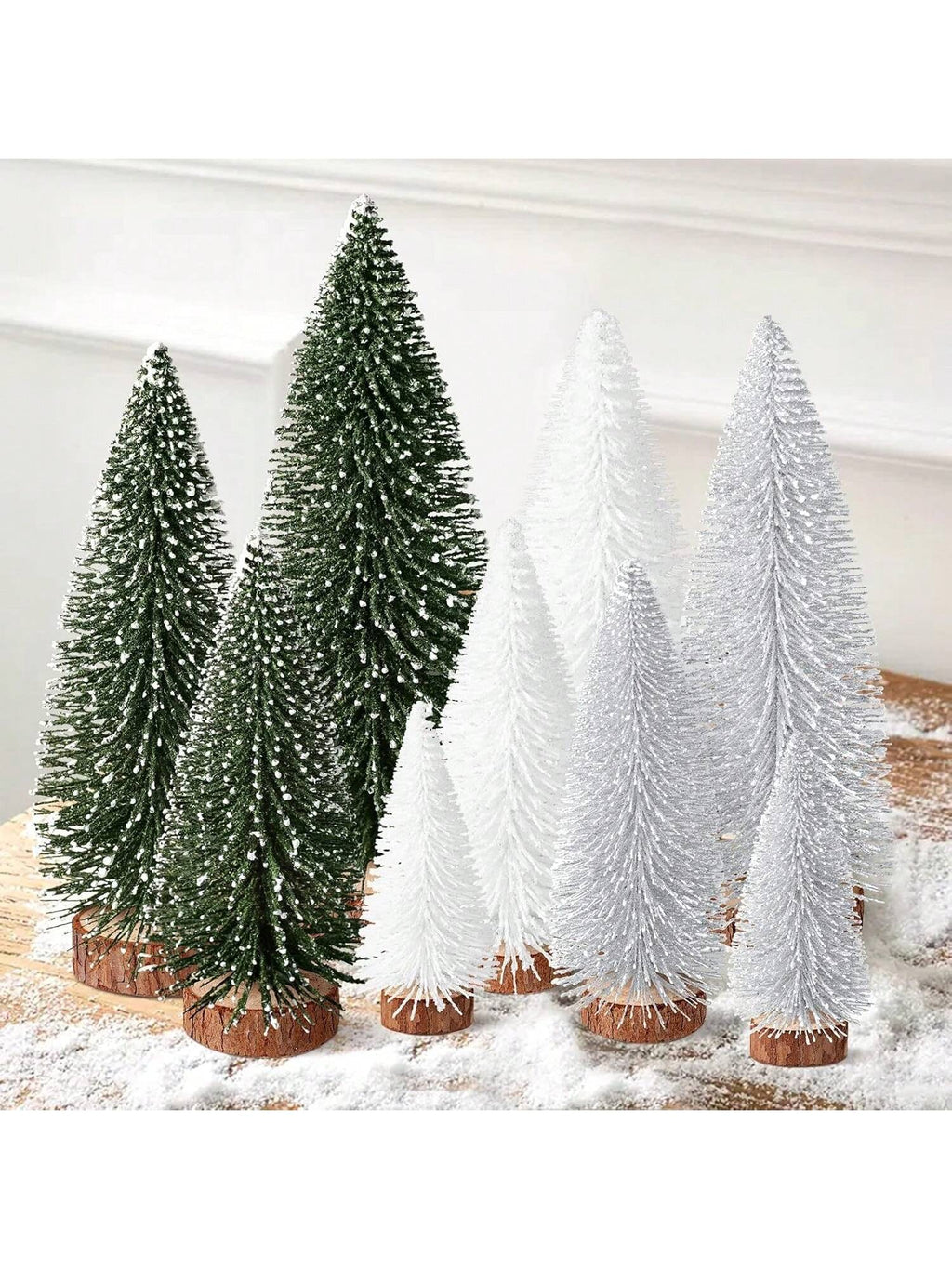9Pcs Mini Christmas Trees Christmas Decor Artificial Christmas Decorations with 4 Sizes, Christmas Tree Bottle Brush Trees Christmas Table Decorations (Green Silver White)