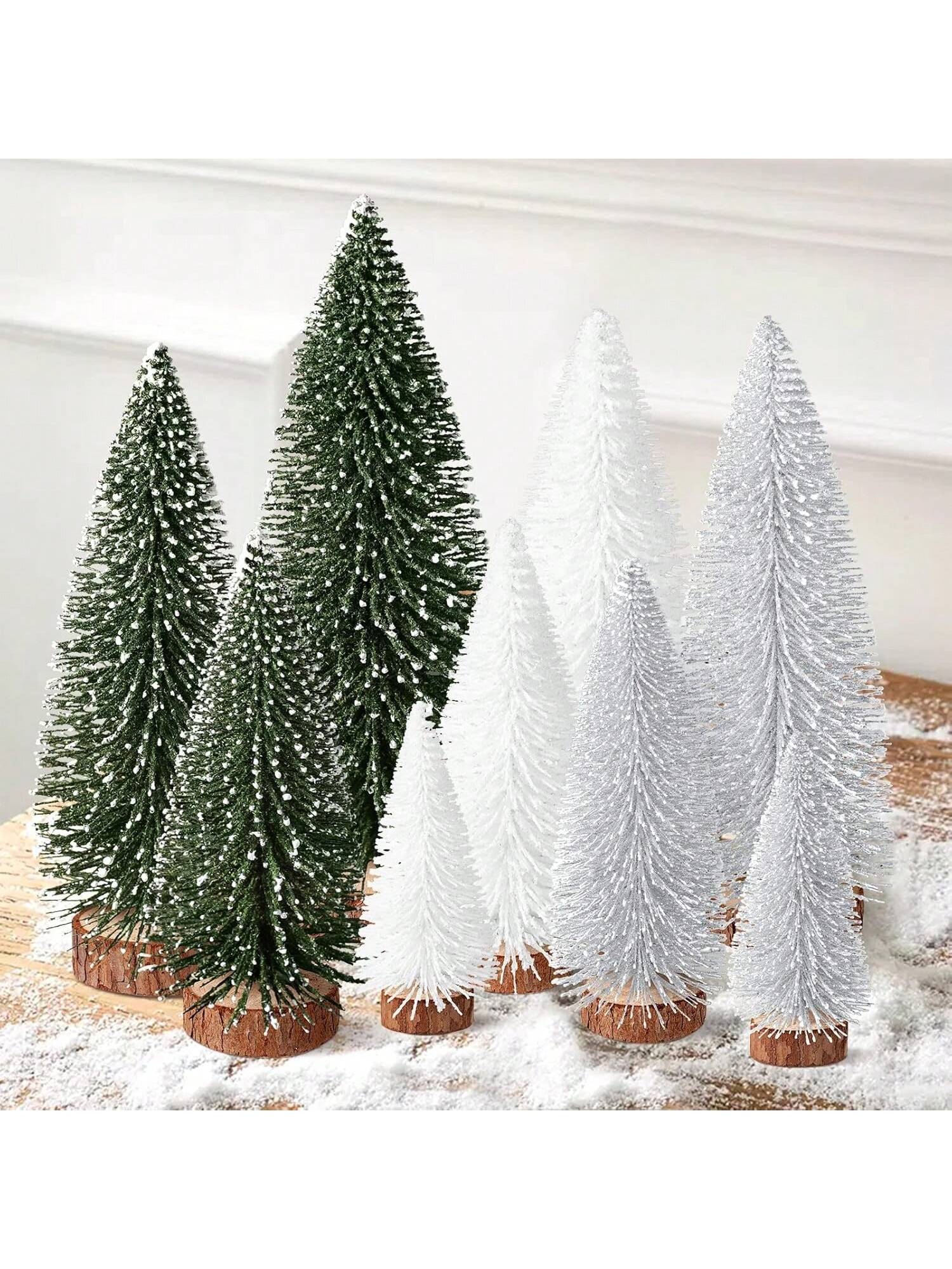 9Pcs Mini Christmas Trees Christmas Decor Artificial Christmas Decorations with 4 Sizes, Christmas Tree Bottle Brush Trees Christmas Table Decorations (Green Silver White)